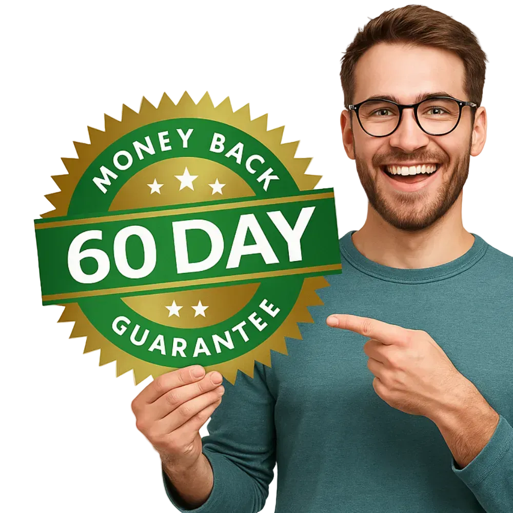 Man pointing to a 'Money Back 60 Day Guarantee' sign