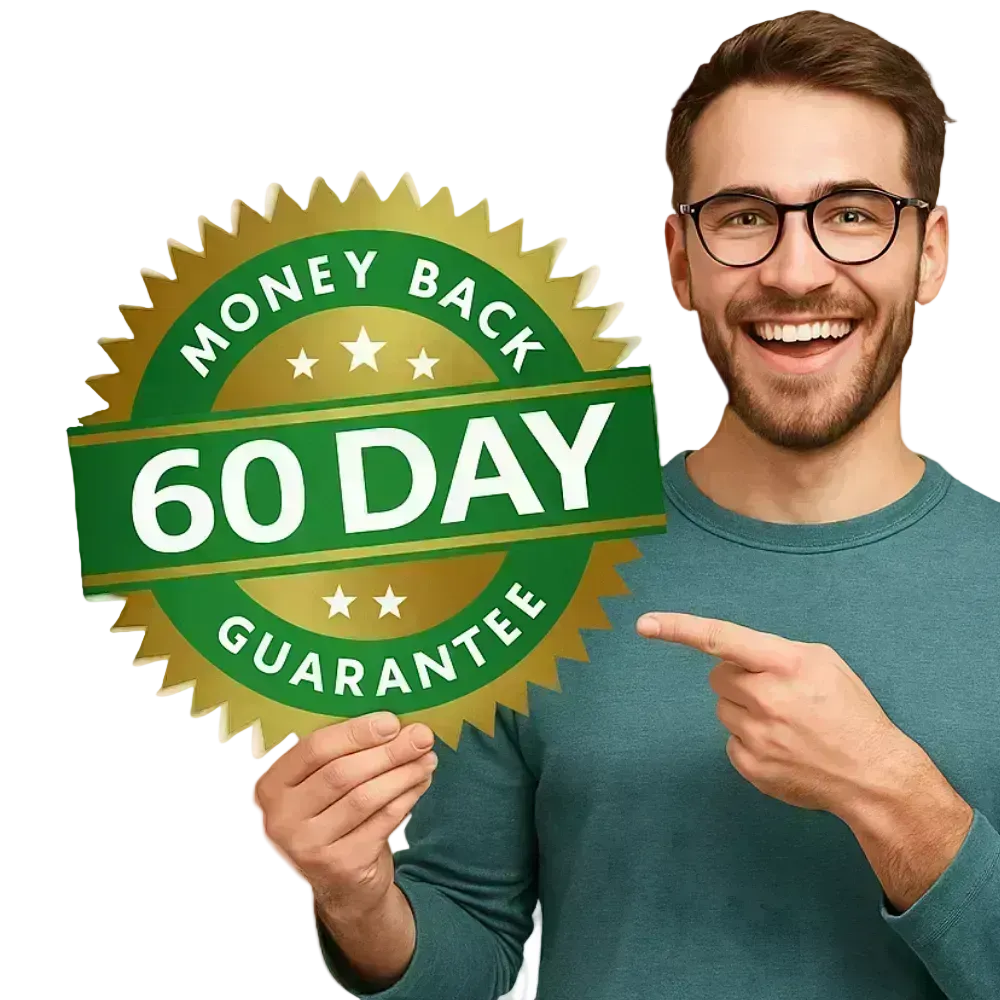 Man pointing to a 'Money Back 60 Day Guarantee' sign