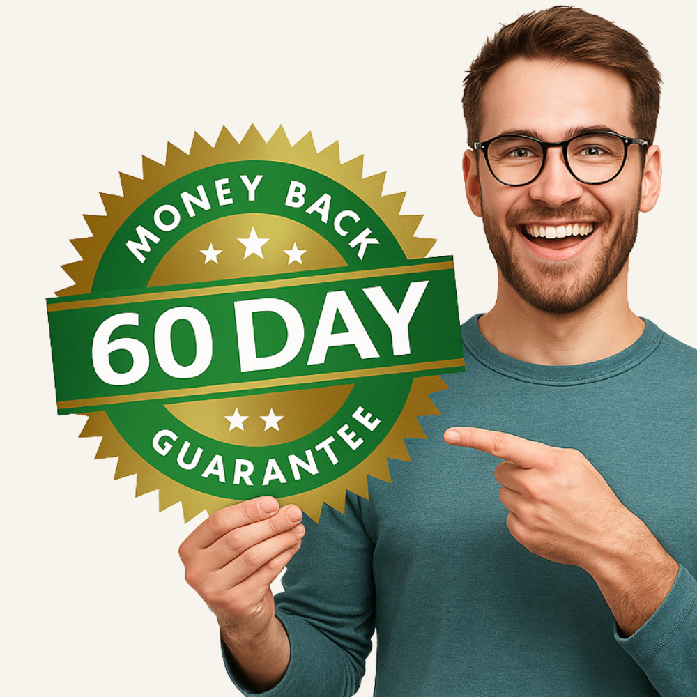 Man pointing to a 'Money Back 60 Day Guarantee' sign