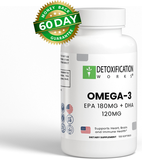 Supplement bottle labeled 'Detoxification Works' with Omega-3 EPA and DHA on a white background