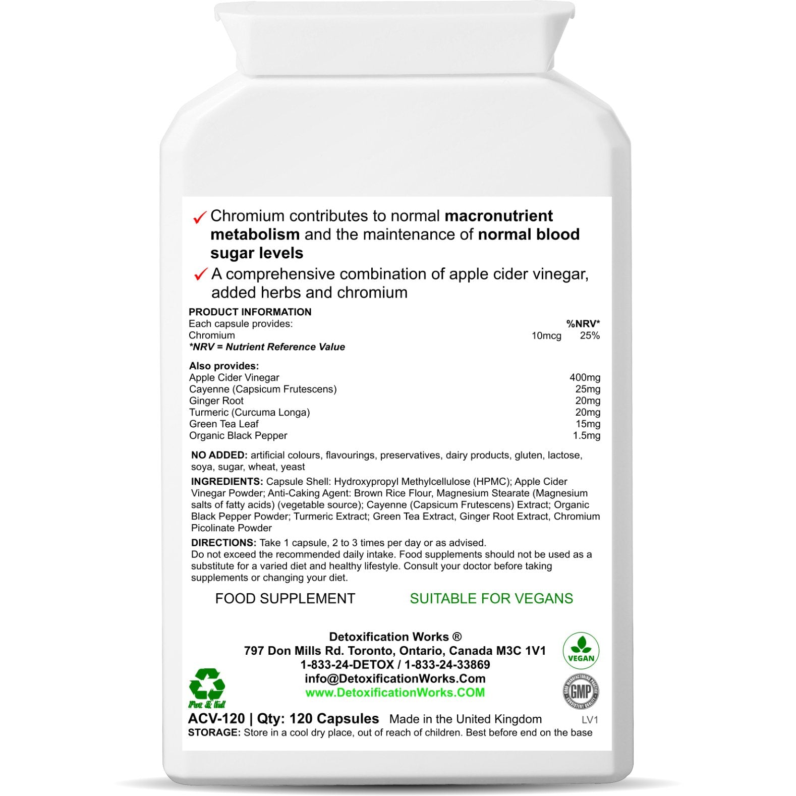Apple Cider Vinegar Plus (120 Capsules). - Detox Works ®