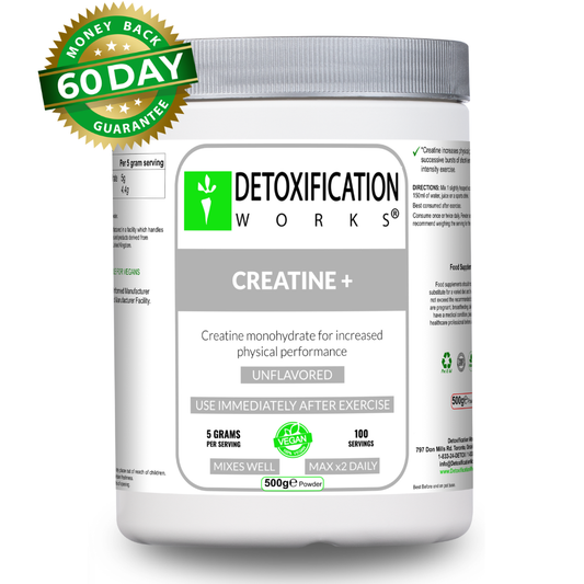 Creatine Monohydrate Powder by Detoxification Works unflavored vegan creatine supplement 500g container
Detoxification Works Creatine Plus creatine monohydrate powder unflavored 5g per serving fitness supplement
Vegan creatine monohydrate powder 500g by Detoxification Works for increased physical performance