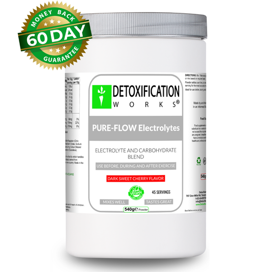 Pure Flow Electrolytes powder by Detoxification Works dark sweet cherry vegan hydration supplement 45 servings
Detoxification Works electrolyte powder dark sweet cherry flavor vegan hydration support 540g container
Electrolyte and carbohydrate blend powder by Detoxification Works dark sweet cherry flavor vegan formula
