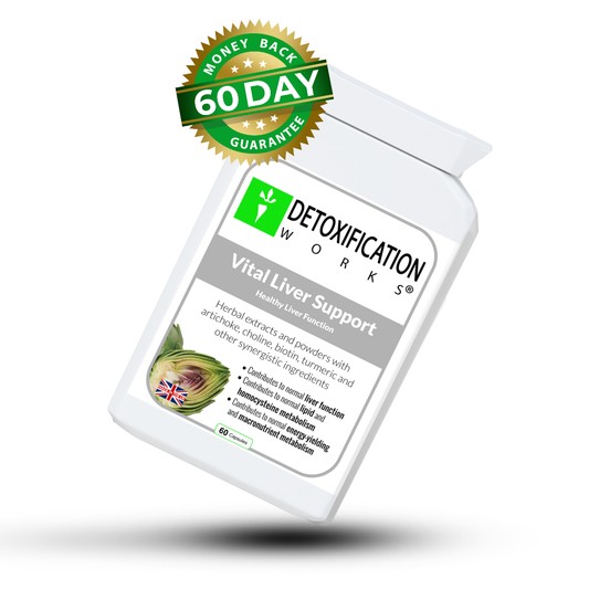 Detoxification Works supplement bottle with a 60-day guarantee badge on a white background