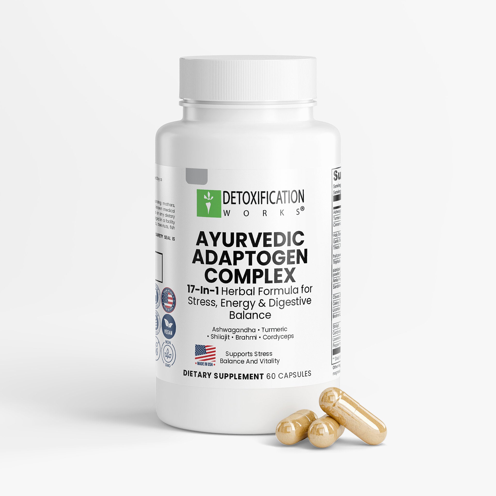 Supplement bottle labeled 'Ayurvedic Adaptogen Complex' with capsules on a white background