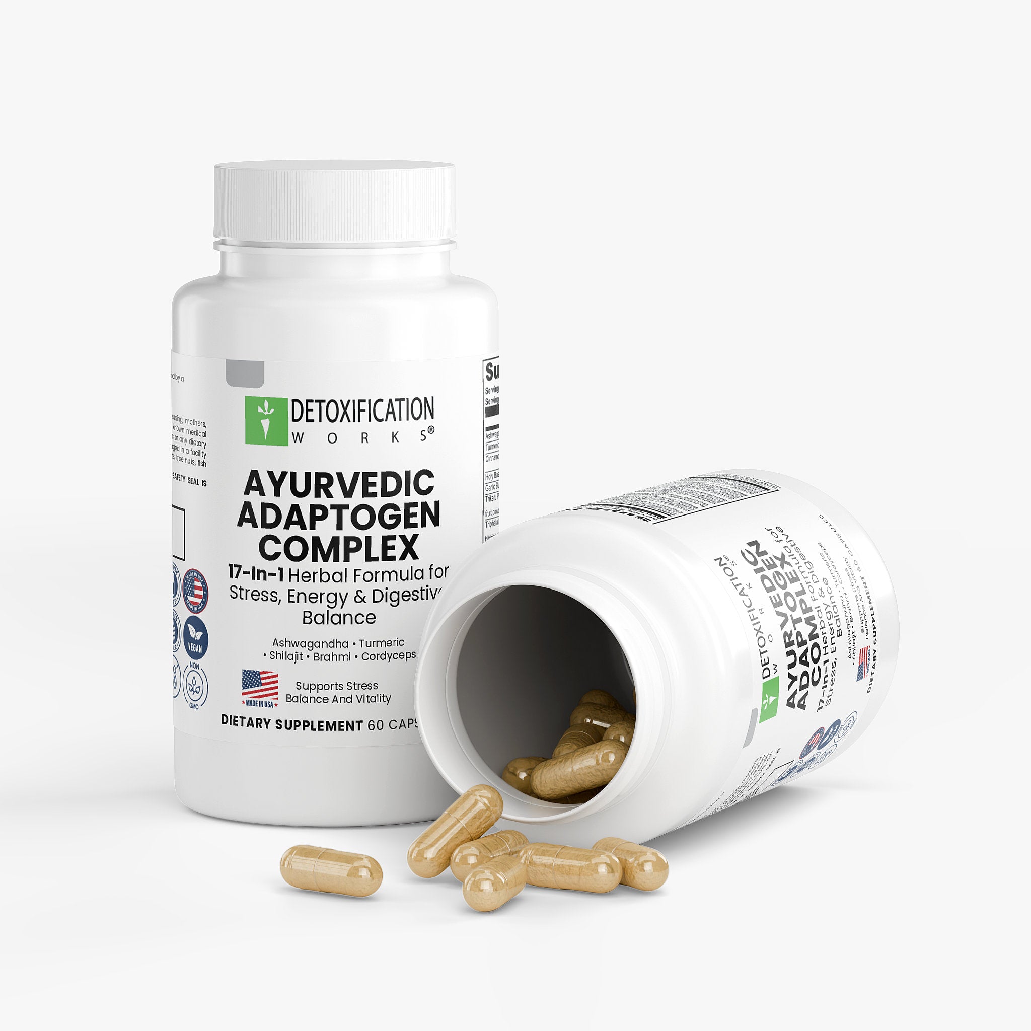 Detoxification Works Ayurvedic Adaptogen Complex supplement bottle with open cap on a white background
