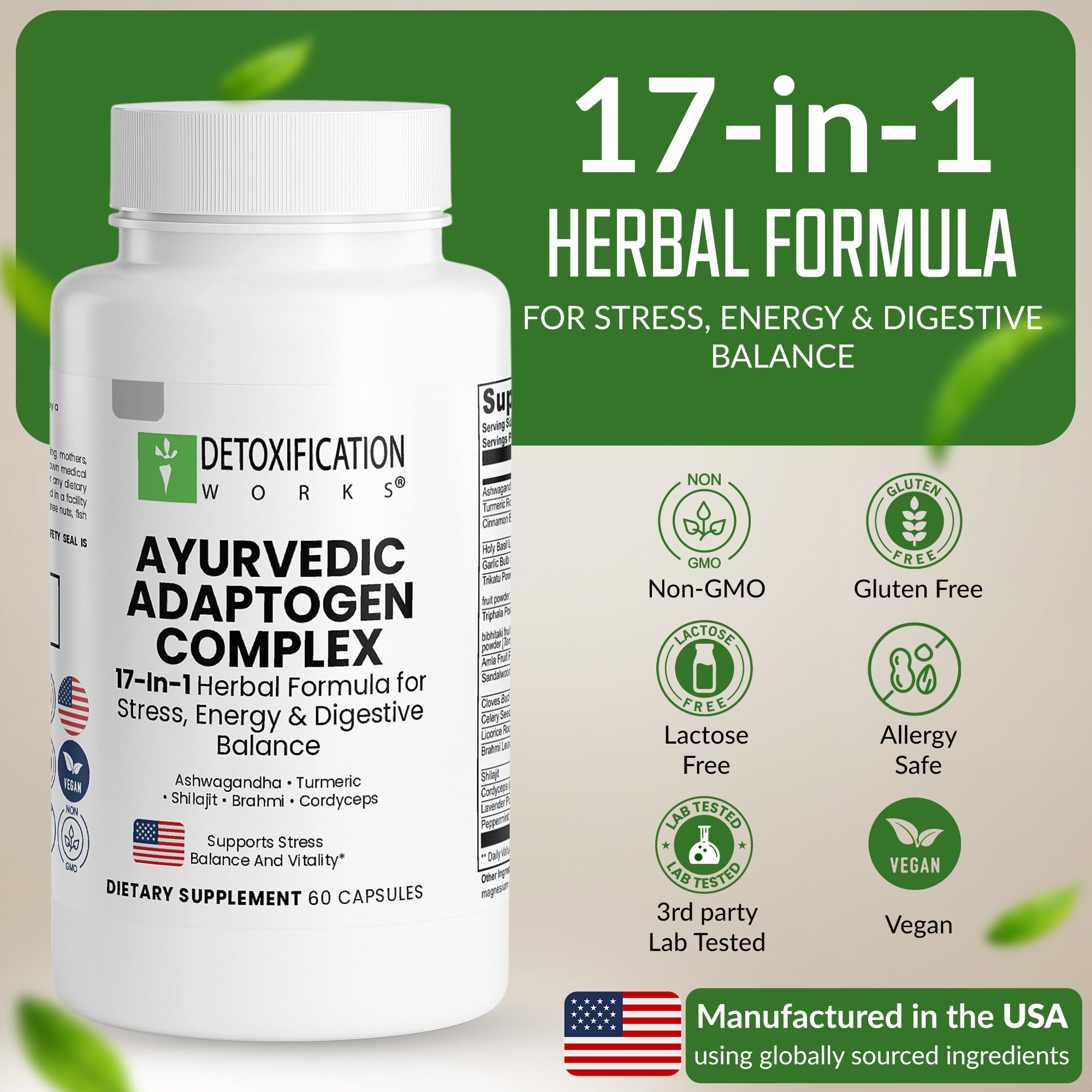 Detoxification Works Ayurvedic Adaptogen Complex supplement bottle with green label and text.