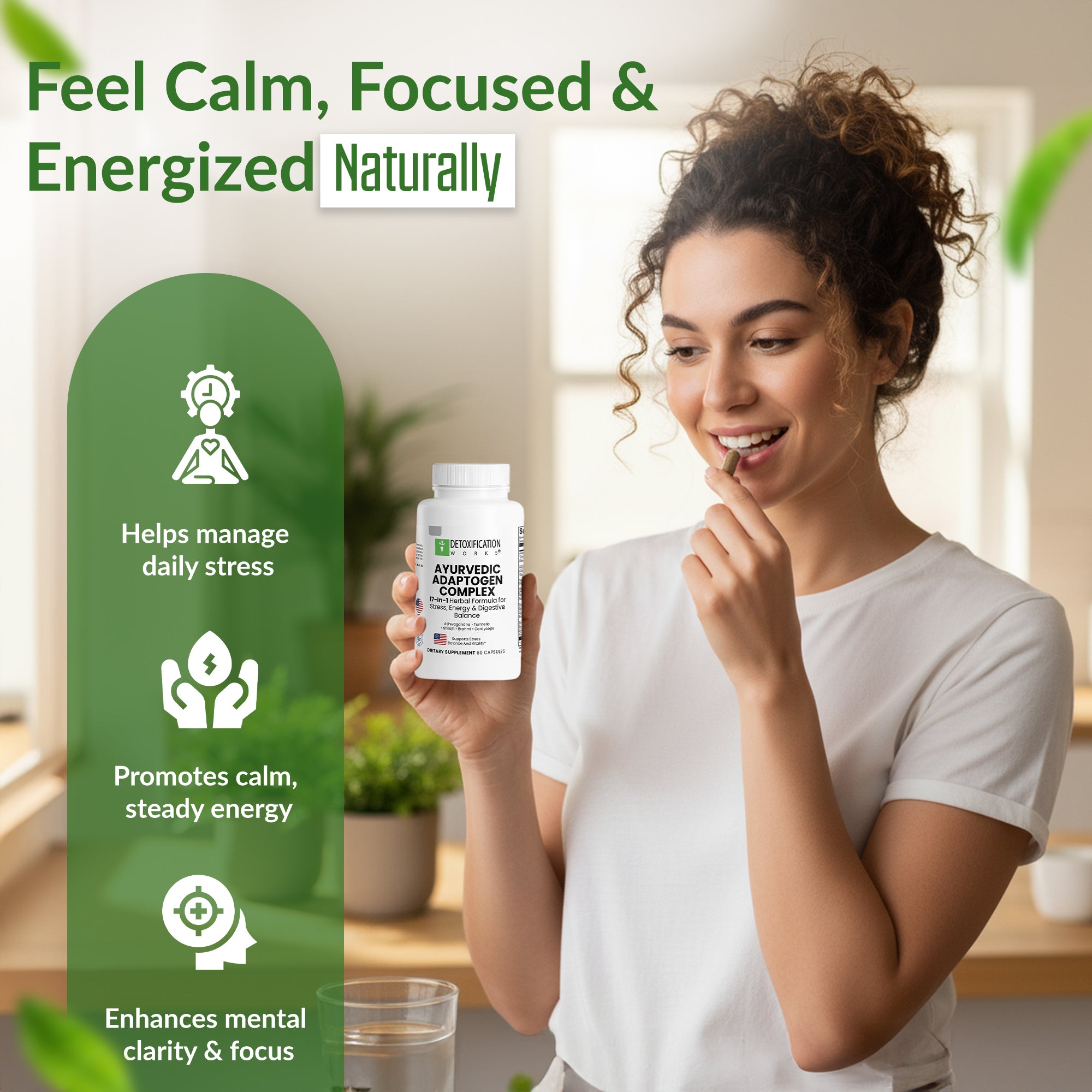 Woman holding a supplement bottle with text about stress management, calmness, energy, and mental clarity.