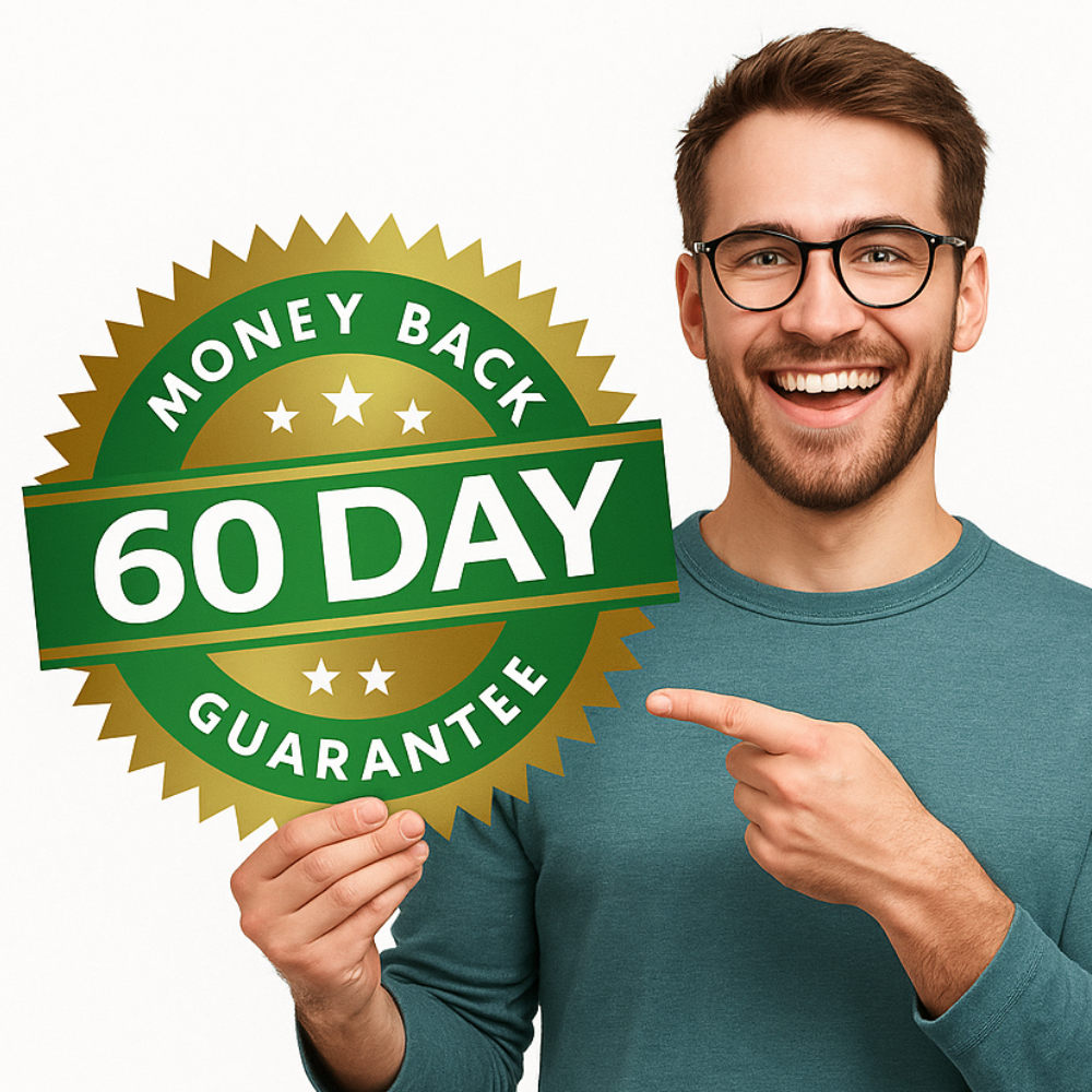 Man pointing to a 'Money Back 60 Day Guarantee' sign