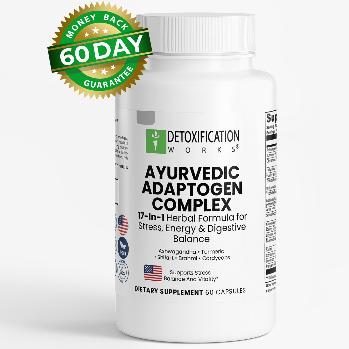 Supplement bottle labeled 'Ayurvedic Adaptogen Complex' with a money-back guarantee badge on a white background.