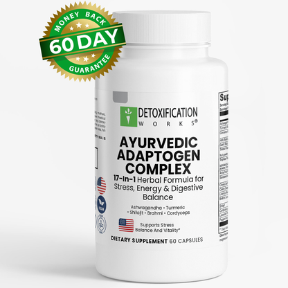 Supplement bottle labeled 'Ayurvedic Adaptogen Complex' with a money-back guarantee badge on a white background.