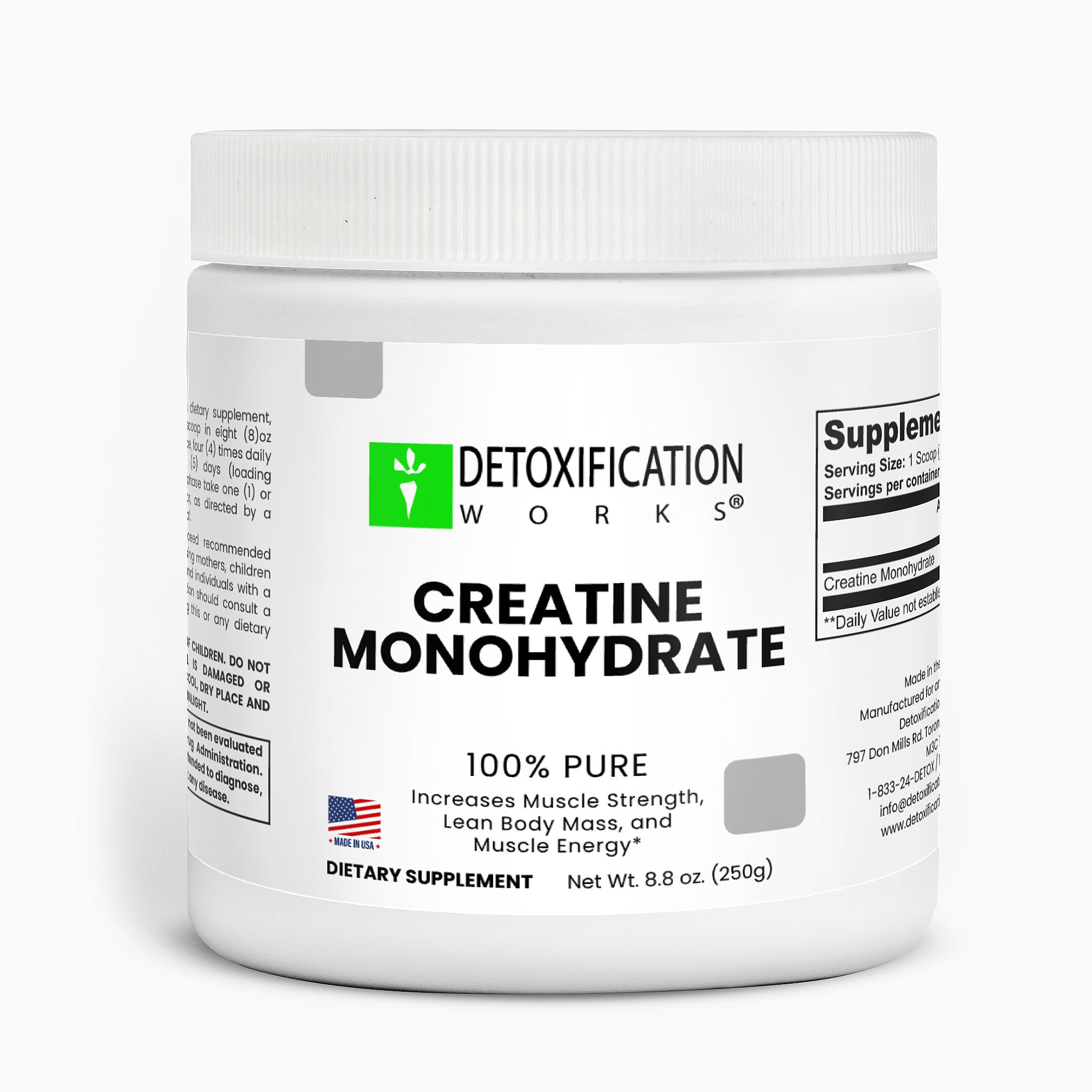 Supplement container labeled 'Creatine Monohydrate' by Detoxification Works on a white background
