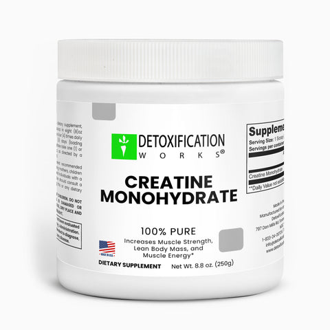 Supplement container labeled 'Creatine Monohydrate' by Detoxification Works on a white background