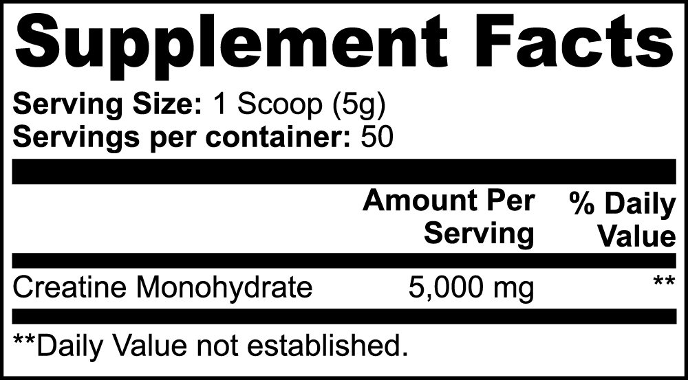Supplement facts label with creatine monohydrate content on a white background