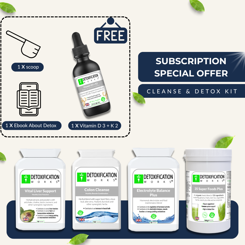 Detoxification kit with various products and a free scoop, ebook, and vitamin set on a white background.