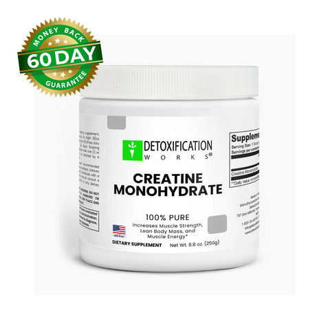 Supplement container labeled 'Creatine Monohydrate' with branding and product details on a white background.