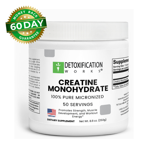 Supplement container labeled 'Detoxification Works' with a 60-day money-back guarantee on a white background.