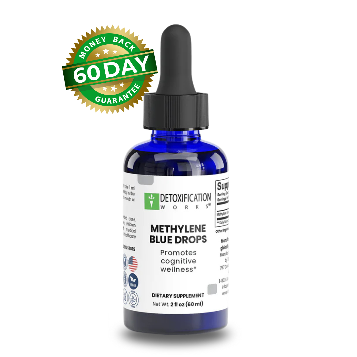 Bottle of Methylene Blue Drops dietary supplement with a 60-day money-back guarantee badge on a white background.