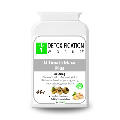 Supplement bottle labeled 'Detoxification Works Ultimate Maca Plus' on a white background