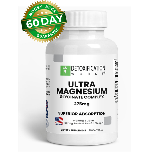 Supplement bottle labeled 'Ultra Magnesium Glycinate Complex' with a money-back guarantee badge on a white background.