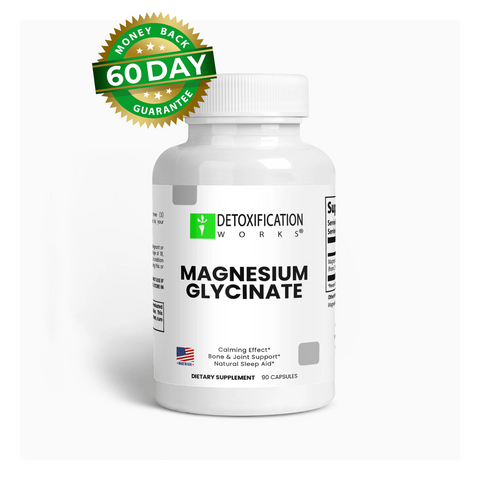 Supplement bottle labeled 'Magnesium Glycinate' with a money-back guarantee badge on a white background