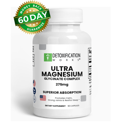 Supplement bottle labeled 'Ultra Magnesium Glycinate Complex' with a money-back guarantee badge on a white background.