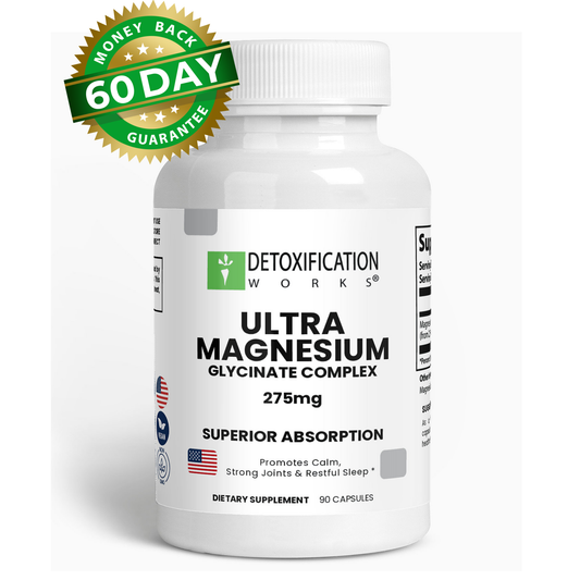 Supplement bottle labeled 'Ultra Magnesium Glycinate Complex' with a money-back guarantee badge on a white background.