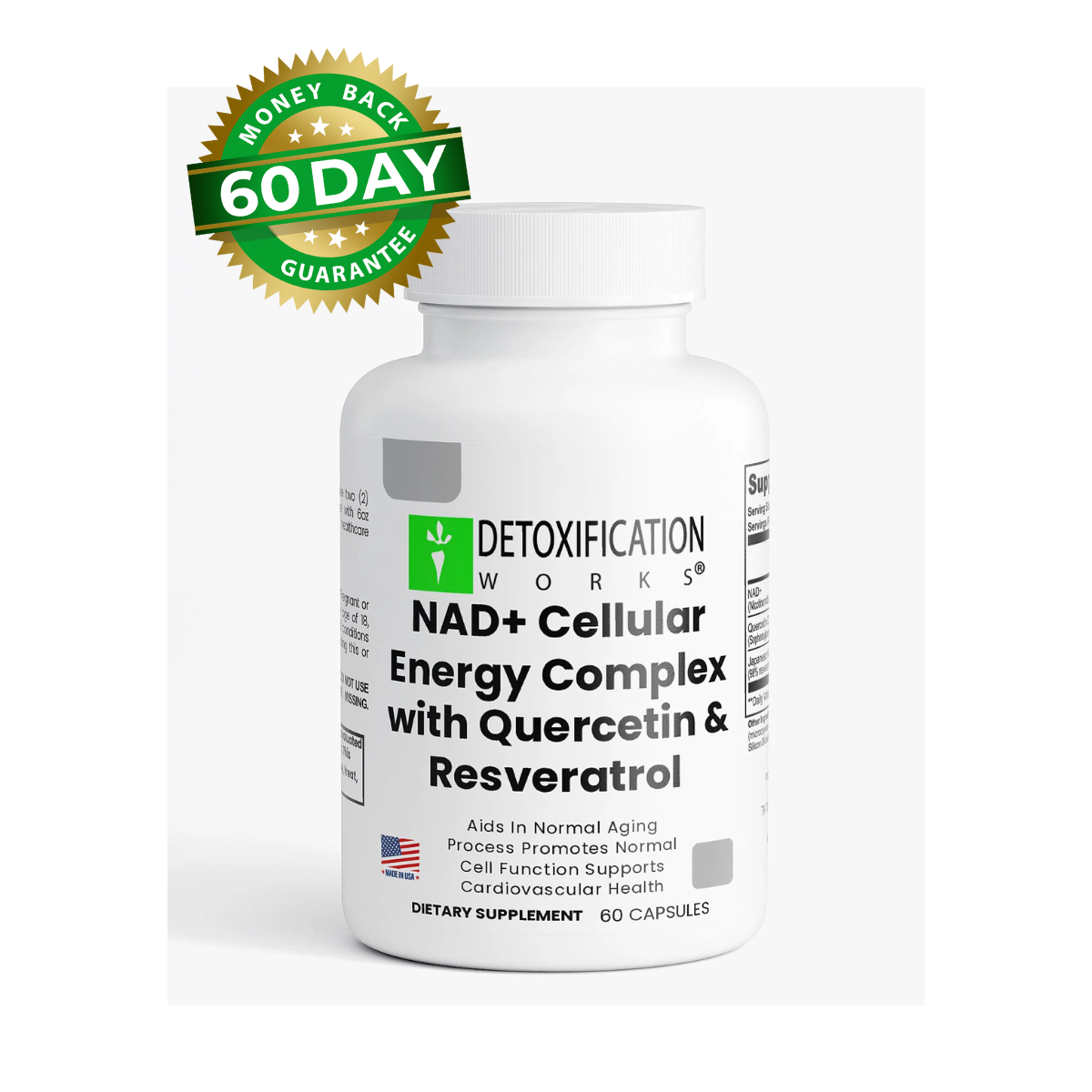 Supplement bottle labeled 'Detoxification Works' with a 60-day guarantee badge on a white background