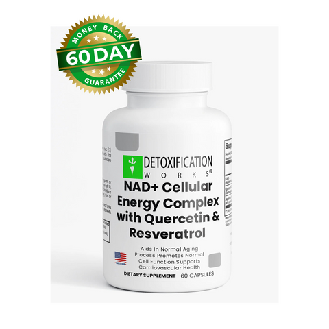 Supplement bottle labeled 'Detoxification Works' with a 60-day guarantee badge on a white background