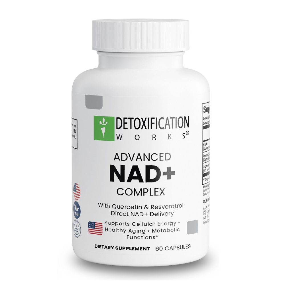 Supplement bottle labeled 'Detoxification Works Advanced NAD+ Complex' on a white background