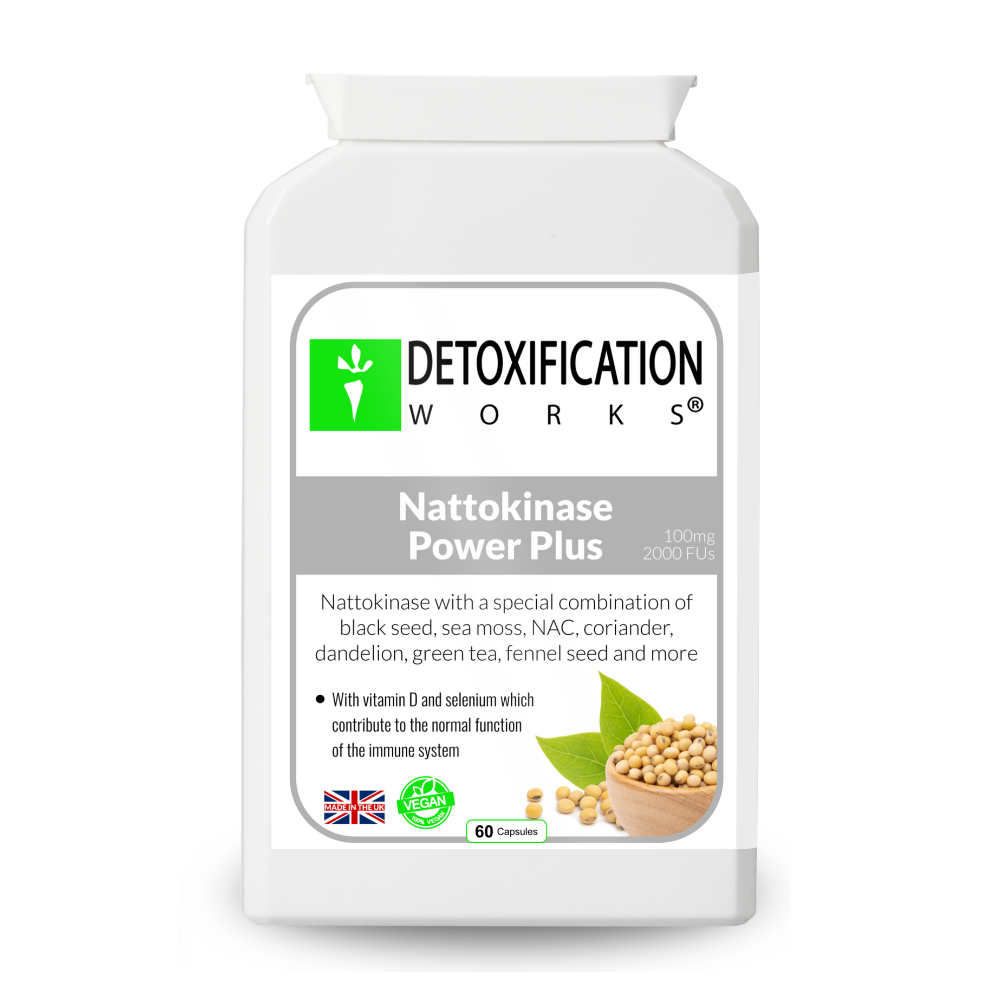 Detoxification Works Nattokinase Power Plus supplement bottle on a white background