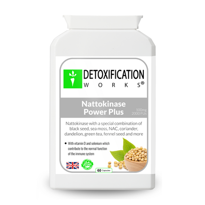 Detoxification Works Nattokinase Power Plus supplement bottle on a white background