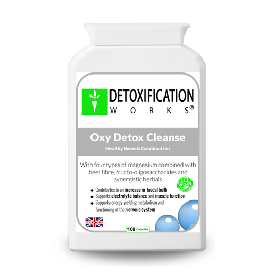 Oxy Detox Cleanse supplement bottle with 'Detoxification Works' branding on a white background