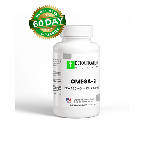 Omega-3 supplement bottle with 'Detoxification Work' branding and money-back guarantee badge on a white background.
