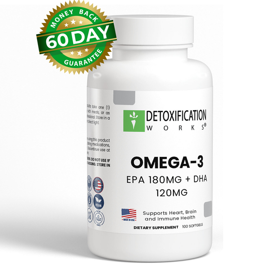 Omega-3 supplement bottle with Detoxification Works branding on a white background