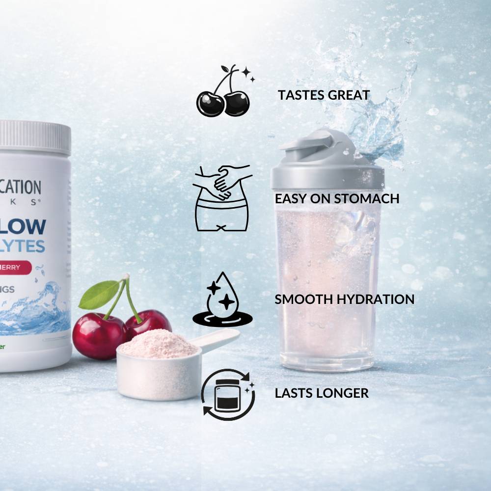 PURE-FLOW Electrolytes is a Dark Sweet Cherry electrolyte and carbohydrate drink mix 