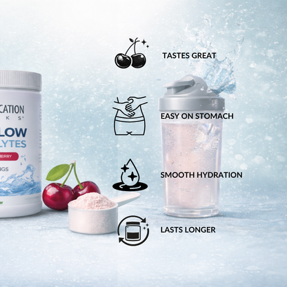 PURE-FLOW Electrolytes is a Dark Sweet Cherry electrolyte and carbohydrate drink mix 