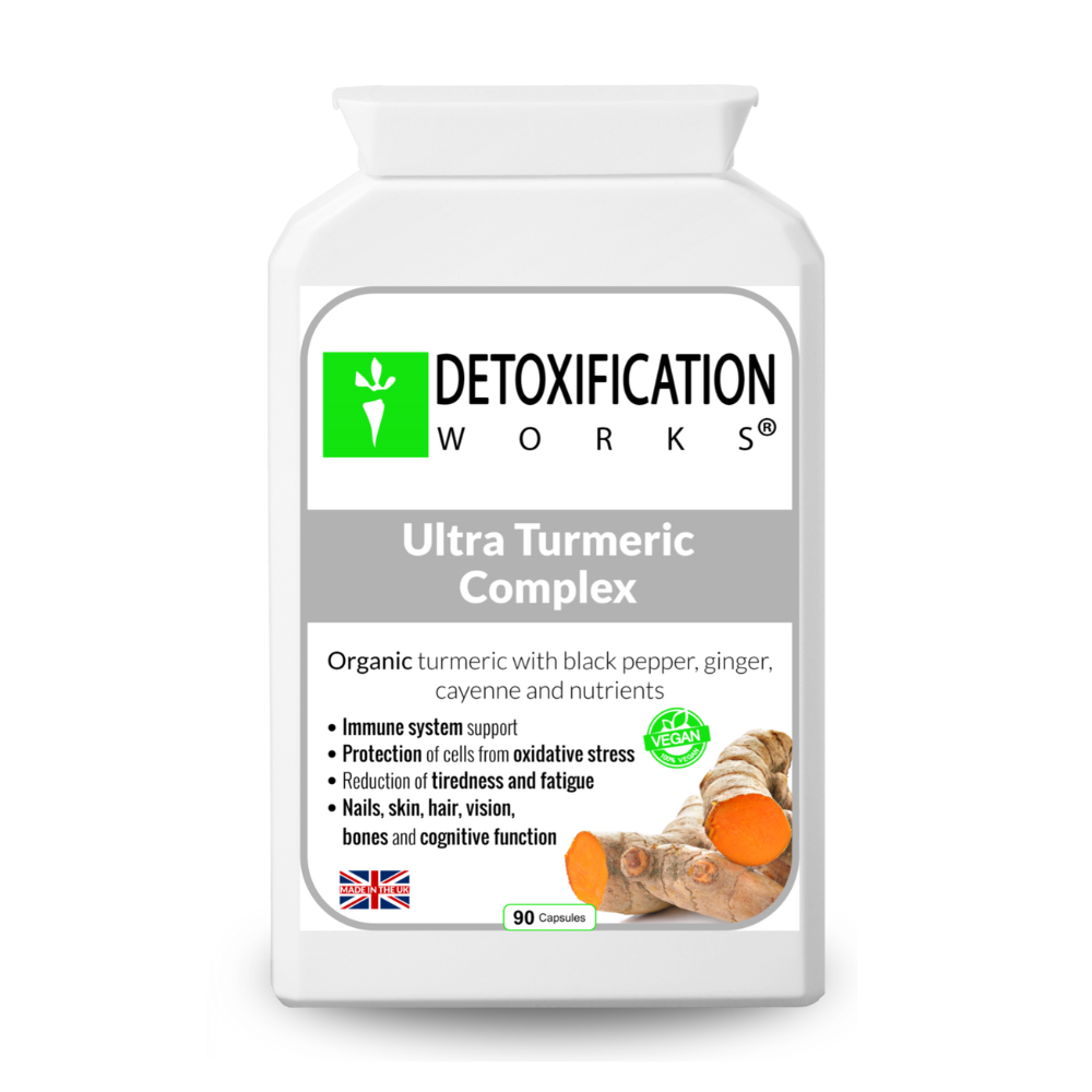 Supplement bottle labeled 'Detoxification Works Ultra Turmeric Complex' on a white background