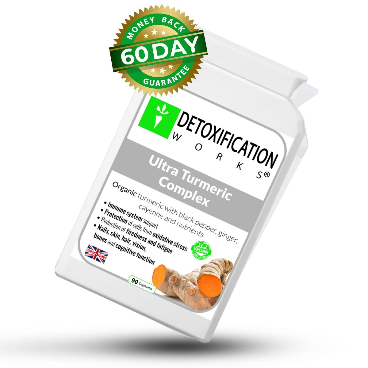 Detoxification Works Ultra Turmeric Complex supplement bottle with label and money-back guarantee badge on a white background