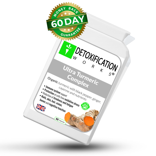 Detoxification Works Ultra Turmeric Complex supplement bottle with label and money-back guarantee badge on a white background