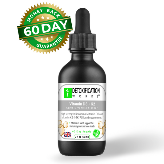 Detoxification Works vitamin supplement bottle with dropper on a white background