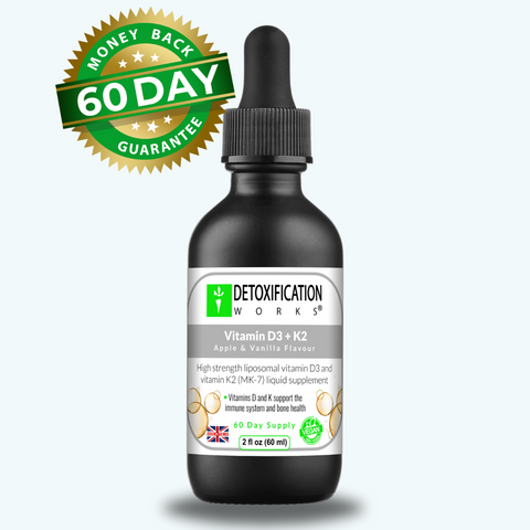 Detoxification Works Vitamin D3 + K2 supplement bottle with dropper on a white background