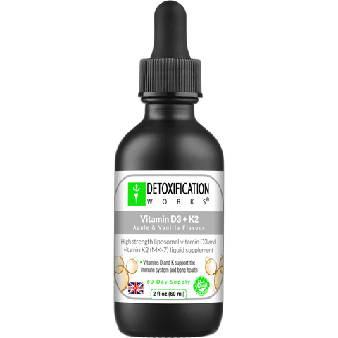 Vitamin D3 + K2 supplement bottle with dropper labeled 'Detoxification Works' on a white background.