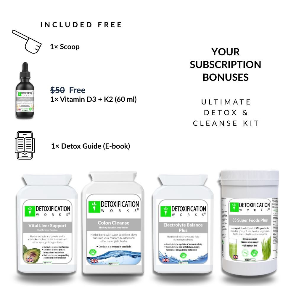 Detoxification Works product lineup with subscription bonuses on a white background