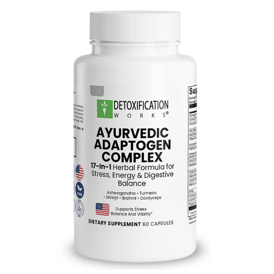 Supplement bottle labeled 'Detoxification Works Ayurvedic Adaptogen Complex' on a white background