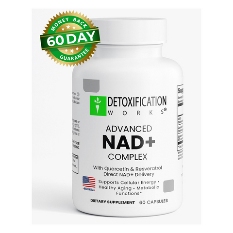 Supplement bottle labeled 'Detoxification Works Advanced NAD+ Complex' with a money-back guarantee badge on a white background.