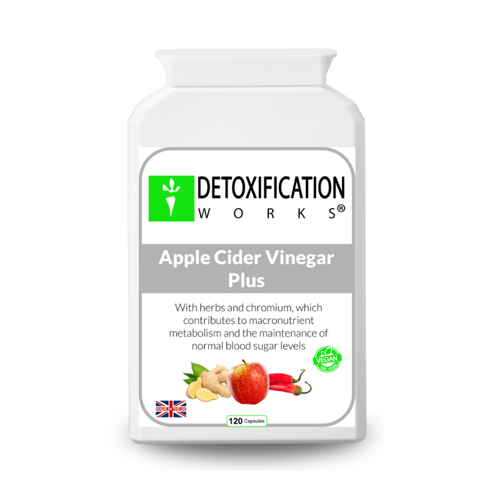 Detoxification Works Apple Cider Vinegar Plus supplement bottle on a white background