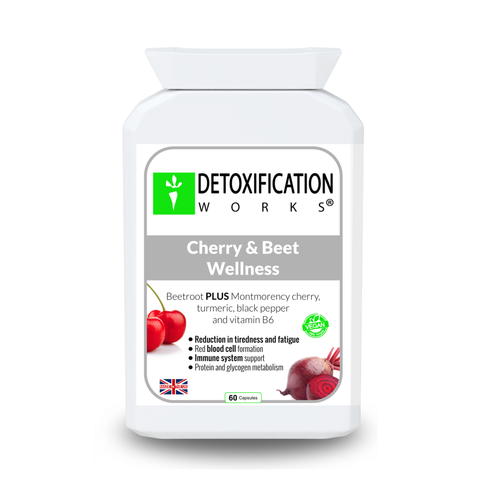 Supplement bottle labeled 'Detoxification Works Cherry & Beet Wellness' on a white background