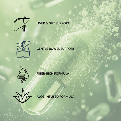 Capsule with health benefits text on a green background