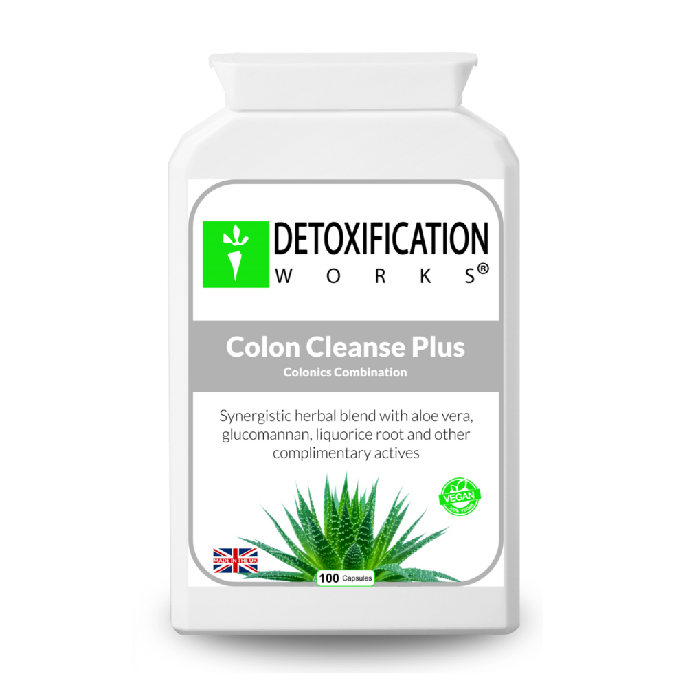 Supplement bottle labeled 'Detoxification Works Colon Cleanse Plus' on a white background